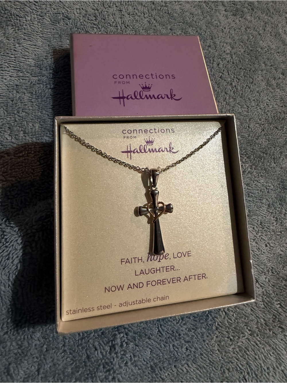Hallmark Silver Cross Necklace with Heart Accent - Purple Pack
